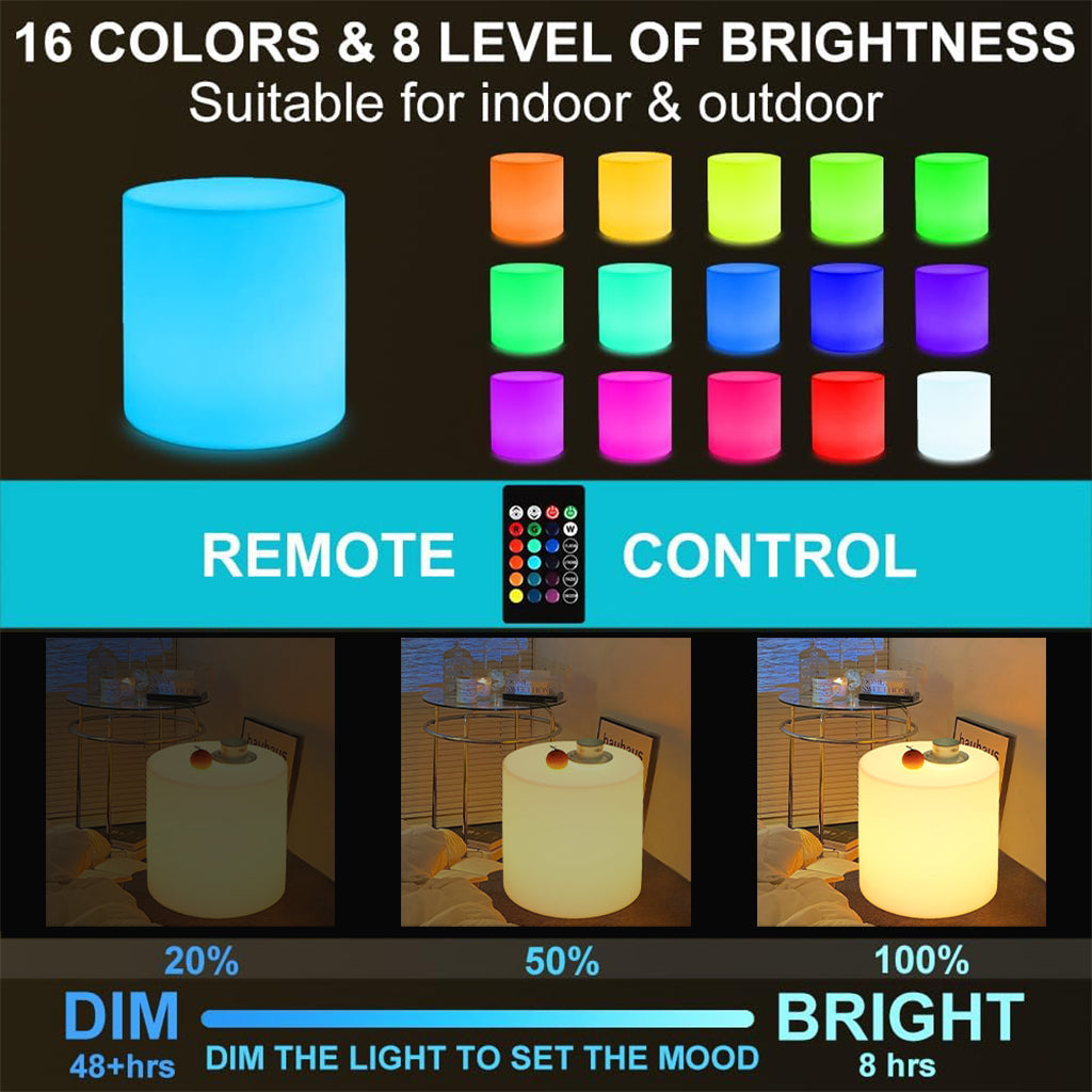 MR.GO 16 inch LED Cylinder Stool, 16 Colors Changing LED Glow Chair, Rechargeable Round Side Table, Glow Low Stools w/Remote, Waterproof Glowing Mood Chair Lamp for Home Garden Patio Party