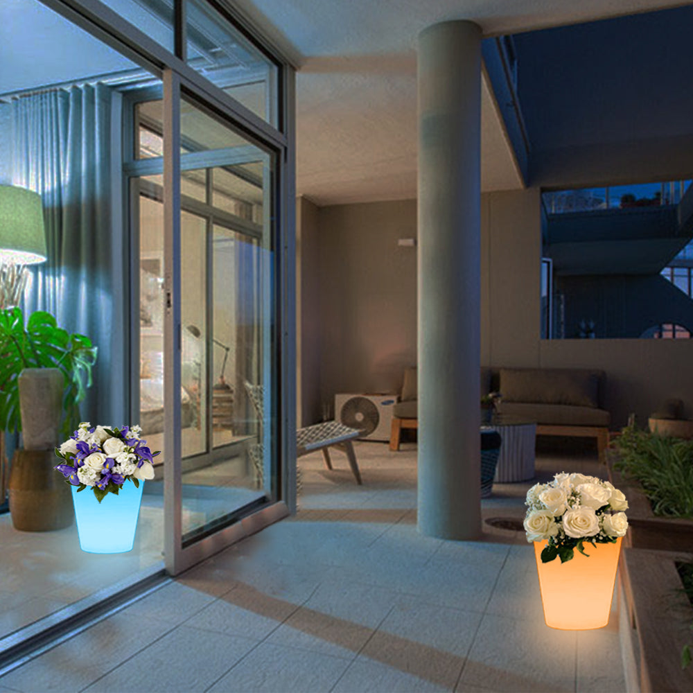 16-in Round LED Flower Pot Outdoor, Large Rechargeable LED Planter Light w/Remote, Dimmable RGB Color Changing Illuminated Planter, Modern Waterproof Light Up Plant Pot for Home Balcony Porch Yard