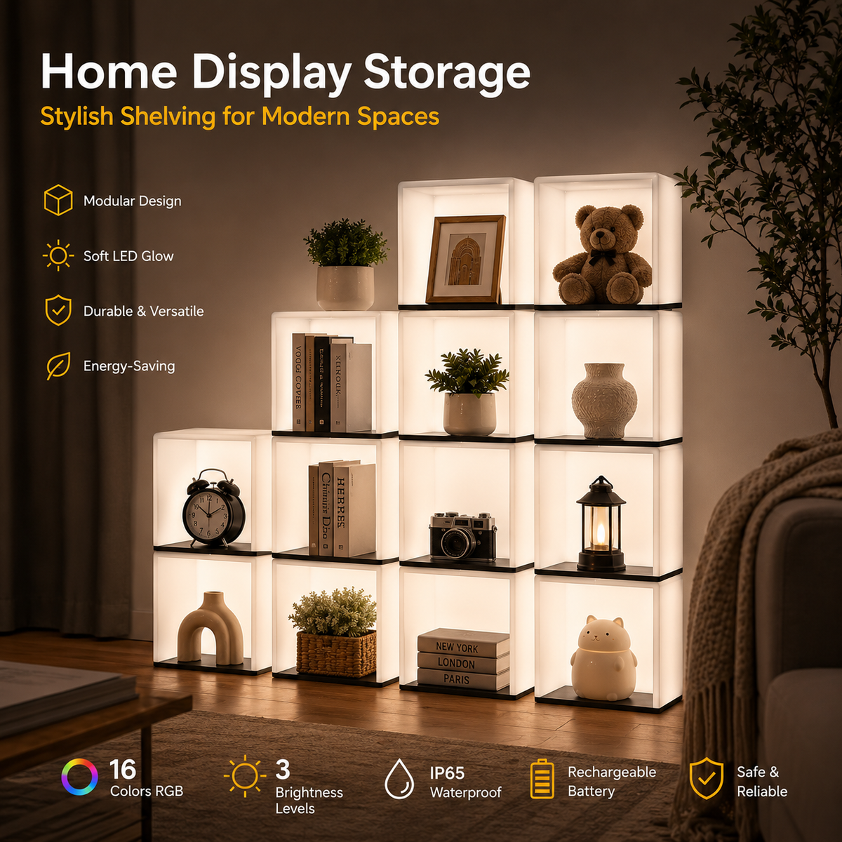 MR.GO 16-Inch LED Light Storage Cube, Half Hallow