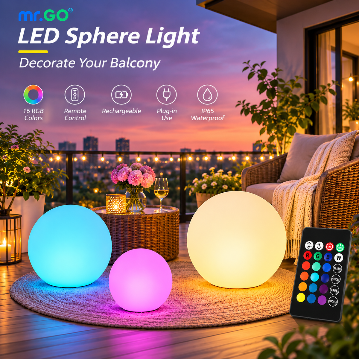 MR.GO RGB LED Ball Light – 16 Colors, Remote Control, Indoor & Outdoor