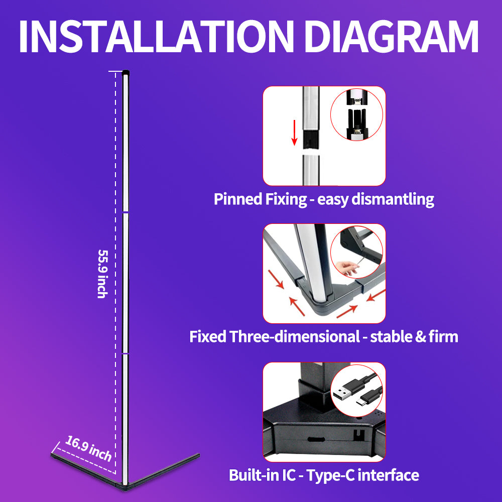 Corner Floor Lamp, 56-in Smart RGB LED Corner Lamp with App & Remote Control, 16 Million Colors Changing LED Floor Lamp with Music Sync, DIY Mode & Timing, Ideal for Bedroom, Living Room & Gaming Room