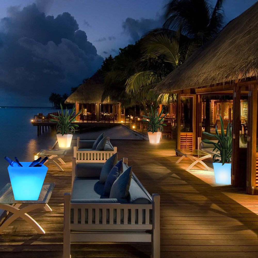 16-In Square LED Planter Pot Outdoor, Large Rechargeable Lighted Flower Pot w/Remote, Dimmable RGB Color Changing Light Up Plant Pots, Modern Waterproof Illuminated Planter for Home Balcony Porch Yard