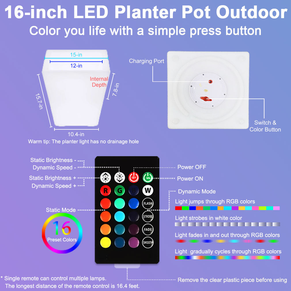 16-In Square LED Planter Pot Outdoor, Large Rechargeable Lighted Flower Pot w/Remote, Dimmable RGB Color Changing Light Up Plant Pots, Modern Waterproof Illuminated Planter for Home Balcony Porch Yard
