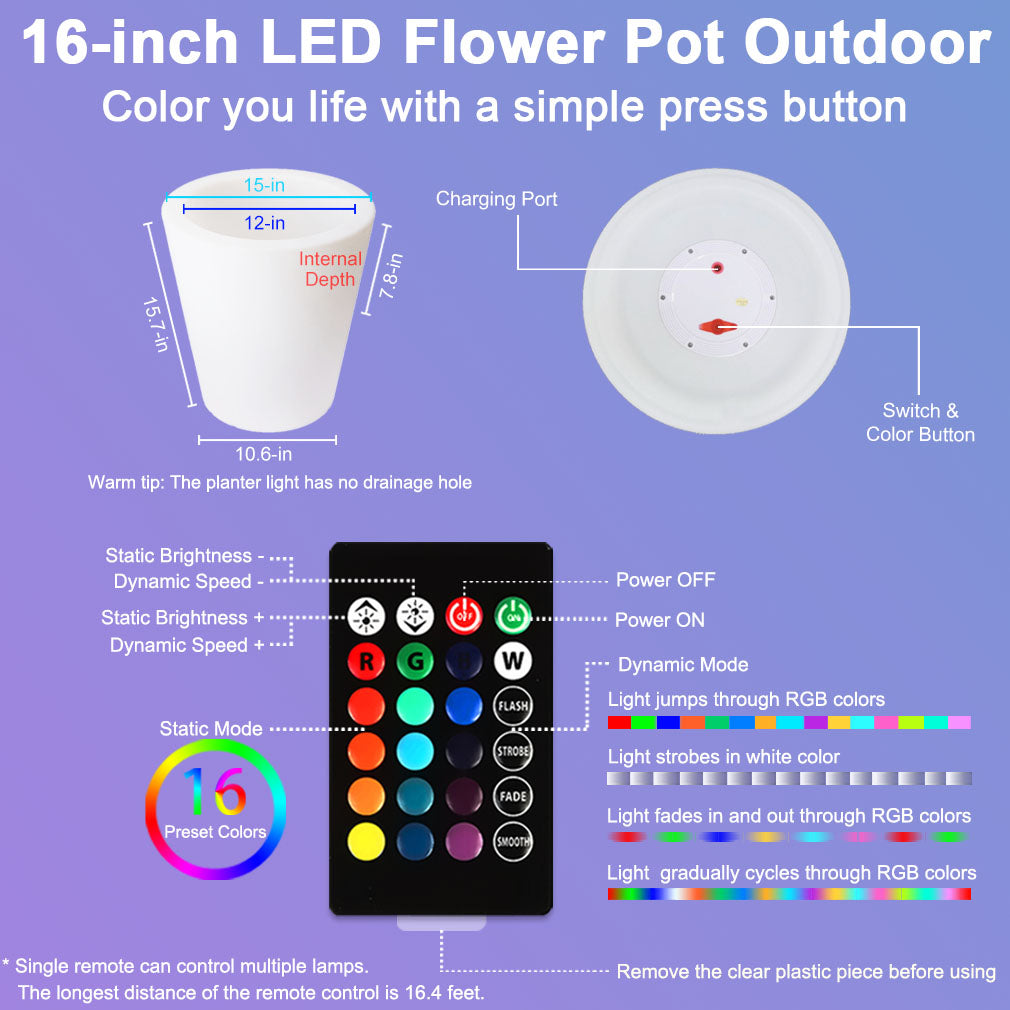 16-in Round LED Flower Pot Outdoor, Large Rechargeable LED Planter Light w/Remote, Dimmable RGB Color Changing Illuminated Planter, Modern Waterproof Light Up Plant Pot for Home Balcony Porch Yard