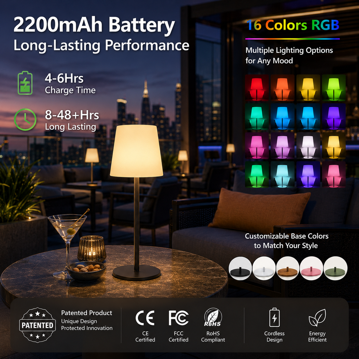 RGB Cordless Table Lamp – 16-Color Rechargeable LED Mood Light
