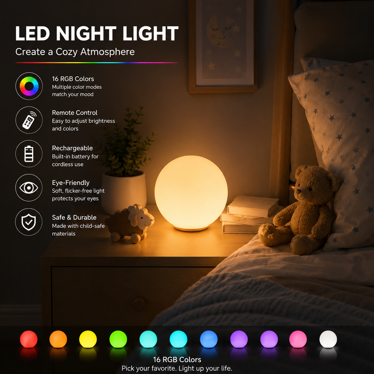 MR.GO RGB LED Ball Light – 16 Colors, Remote Control, Indoor & Outdoor