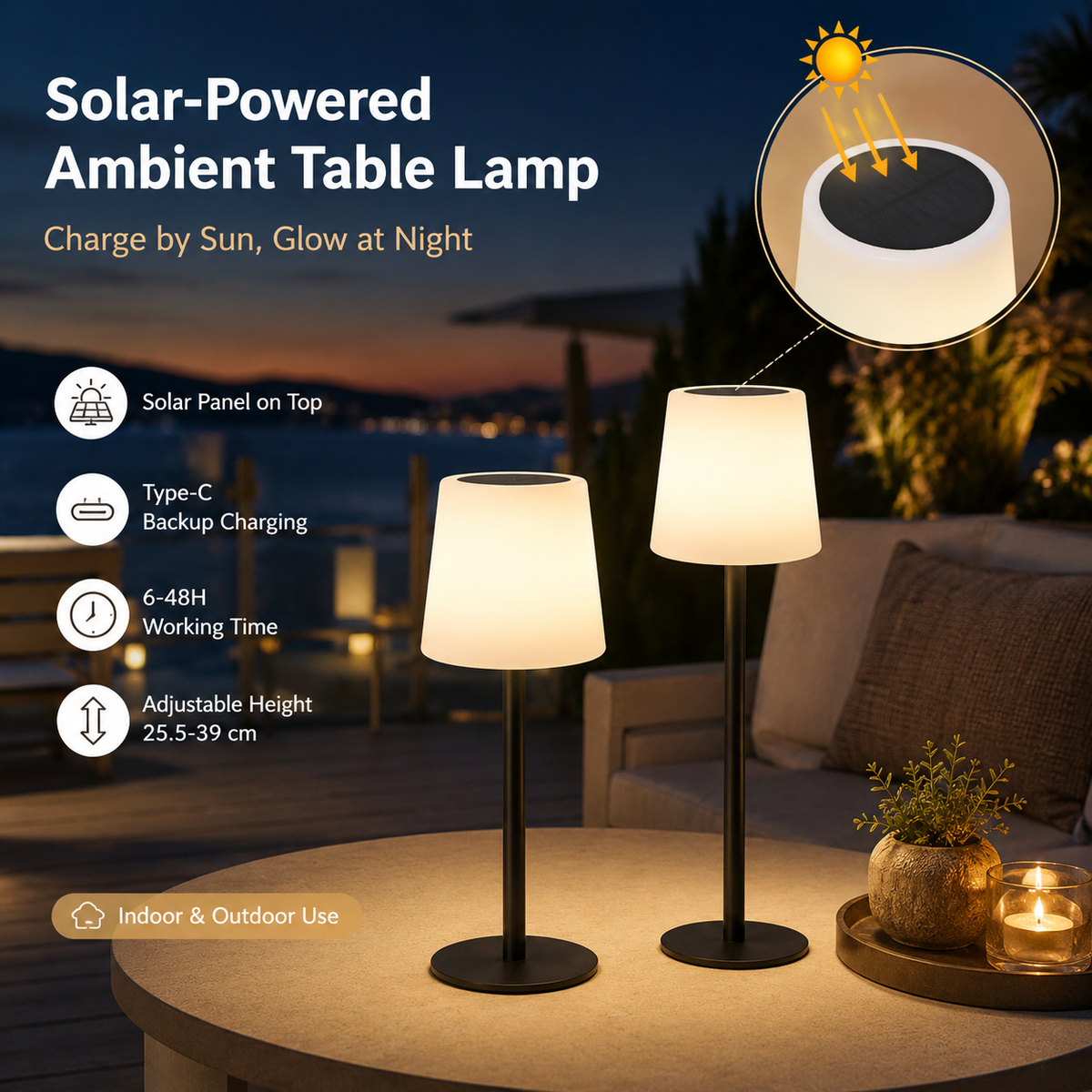 Solar Cordless Table Lamp – Rechargeable RGB Outdoor Lamp with Remote, 7 Colors, Dimmable & IP65 Waterproof