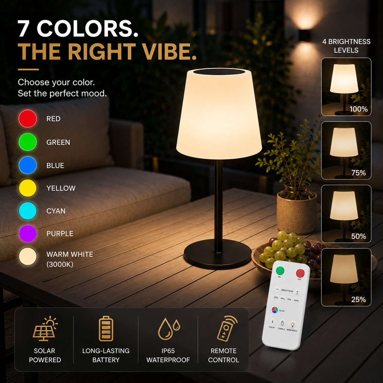 Solar Cordless Table Lamp – Rechargeable RGB Outdoor Lamp with Remote, 7 Colors, Dimmable & IP65 Waterproof