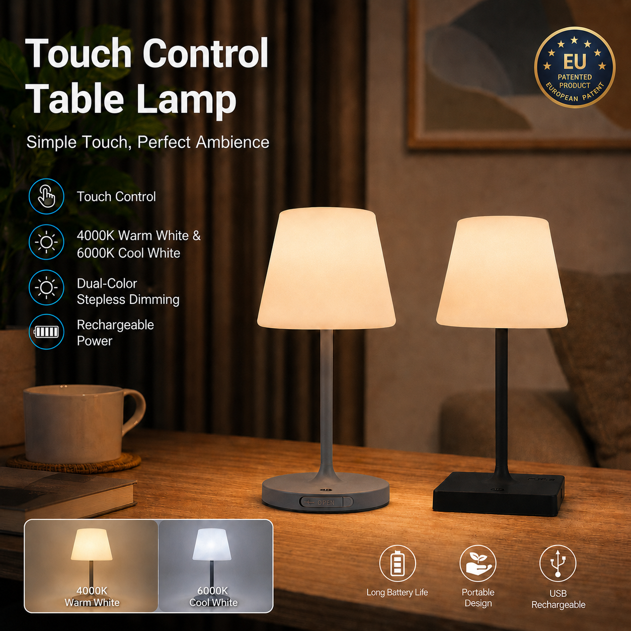Touch Control Cordless Table Lamp – Rechargeable Dimmable LED Lamp with USB Charging Port