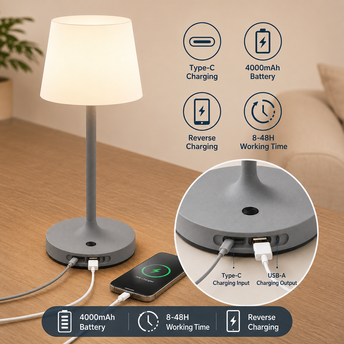 Touch Control Cordless Table Lamp – Rechargeable Dimmable LED Lamp with USB Charging Port