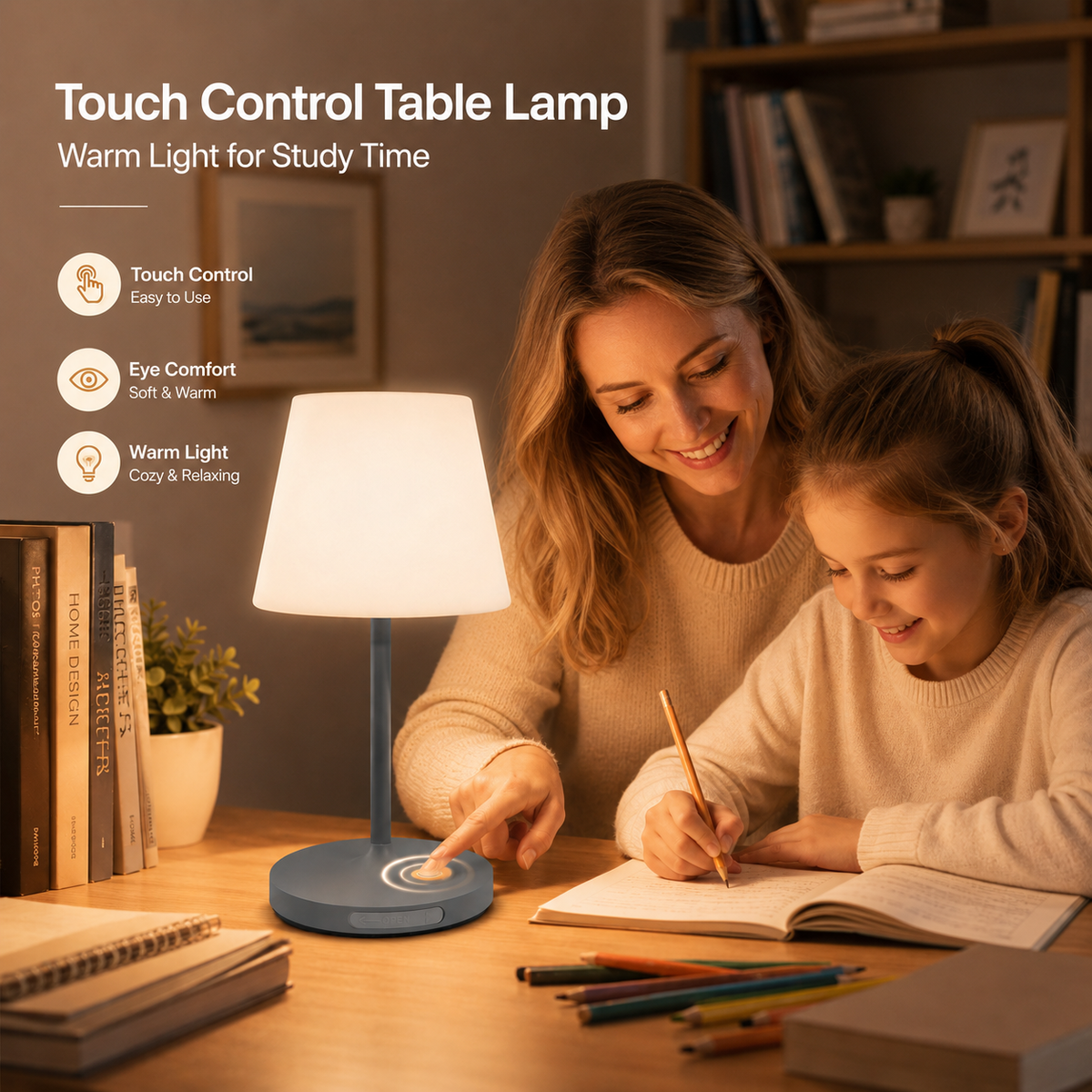 Touch Control Cordless Table Lamp – Rechargeable Dimmable LED Lamp with USB Charging Port
